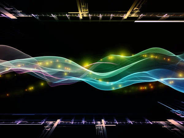 数字世界 数字世界 虚拟浪潮系列 用于数据传输项目的水平正弦波和光粒子的背景 虚拟的 人工的 数学的现实 — 图库照片