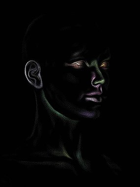 Nokta Hazırlama serisi. Bir insan modelinin 3 boyutlu görüntüleme tekniği noktalama tekniğiyle uygulanır..