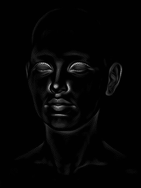 Dot Rendering series. 3D rendering of a human model's head executed with stippling image technique.