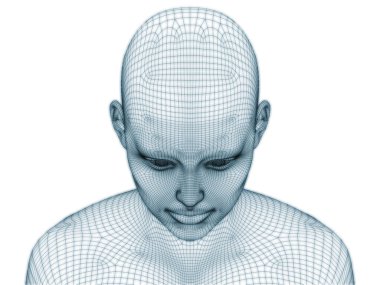 İnsan kafası ve yüzünün üç boyutlu görüntülenmesi illüstrasyon ve tasarım için tel örgüsü olarak kullanılacak