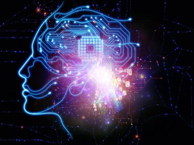 Sanal zihin serisi. İnsan kafası yapay zeka, modern teknolojiler ve bilgisayar bilimi konularında CPU bileşenleriyle bütünleşti.