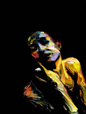 Duygusal boya serisi. İnsani duygular, iç tutkular ve modern sanat üzerine kaba dijital boya bantlarıyla yürütülen soyut kadın portresi.
