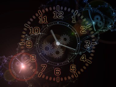 Zaman İzafiyeti. Time serisinin yüzleri. Bilim, eğitim ve modern teknolojilerin metaforu olarak saat kadranları ve soyut elementlerden oluşan tasarım