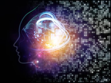 Yapay mantık serisinin ışığı. İnsanın yüz hatlarının ve zihin, teknoloji ve bilinç konularındaki dijital elementlerin arkaplanı