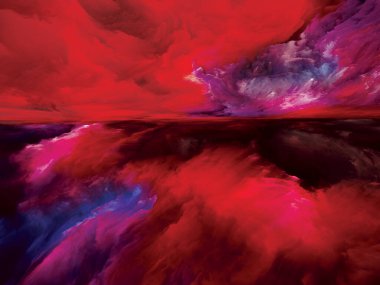 Hayalet Dağları. Gerçekliğe Kaçış dizisi. Manzara resmi, hayal gücü, yaratıcılık ve sanatla kavramsal ilişkili gerçeküstü gün batımı renkleri ve dokularının resmi