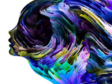 Rahatsız edici Düşünceler serisi. İnsan yüzü siluetinde desenli boya hareket halinde. İç dünya, zihin, psikoloji, depresyon, anksiyete, zihinsel hastalık, yaratıcılık ve soyut sanat konularındaki sanat çalışmaları.