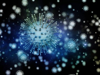 Coronavirus Matematik. Viral Salgın Serisi. 3 boyutlu Coronavirus parçacıkları ve mikro uzay elementlerinin virüs, salgın hastalık, enfeksiyon, hastalık ve sağlık ile kavramsal ilişkisi
