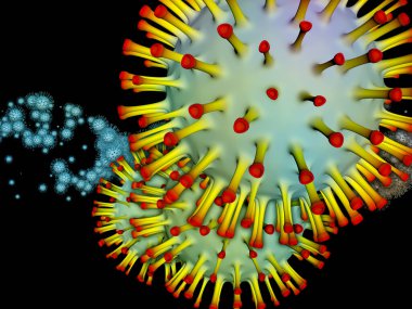 Coronavirus Araştırma. Viral Salgın Serisi. Virüs, salgın, enfeksiyon, hastalık ve sağlık konularındaki projeler için 3 boyutlu Coronavirus parçacıkları ve mikro uzay elementleri