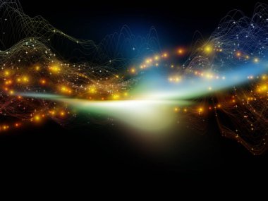 Sanal Mikro Dünya. Sanal Dalga serisi. Veri transferi, sanal, yapay, matematiksel gerçeklik projeleri için yatay sinüs dalgaları ve ışık parçacıklarından oluşan tasarım.