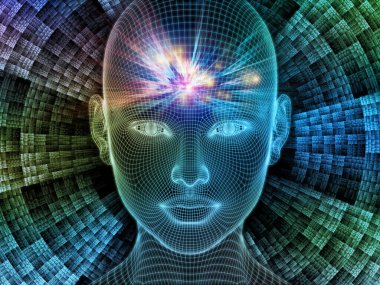 Parlak Düşünce. Bilinçli Zihin serisi. Parlayan kablonun 3 boyutlu görüntülenmesi yapay zeka, insan bilinci ve manevi yapay zeka ile ilişkili insan yüzü.