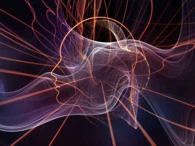 İnsan Zihni serisinin yörüngeleri. Yüz siluetlerinin etkileşimi, zihin, bilinç, zeka ve eğitim konularındaki fraktal ve çizgi desenleri.