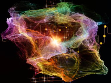 Ağ Tesadüfçülüğü serisi. Modern teknoloji ve bilimsel araştırma konularında organik fraktal geometri, ağ çizgileri ve ışıkların etkileşimi.