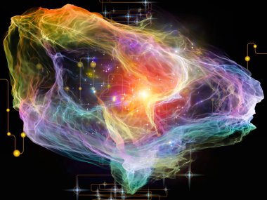 Ağ Tesadüfçülüğü serisi. Modern teknoloji ve bilimsel araştırma konularında organik fraktal geometri, ağ çizgileri ve ışıkların etkileşimi.