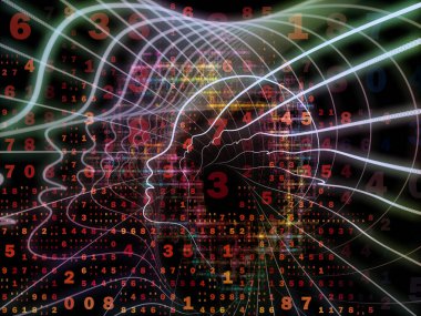 Zihin serisinin doğuşu. Genel yapay zeka ve modern teknoloji üzerine insan kafası siluetleri ve sayı şebekelerinin arka planı.