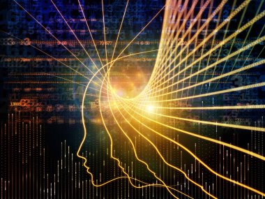 Zihin serisinin doğuşu. Genel yapay zeka ve modern teknoloji üzerine insan kafası siluetleri ve sayı şebekelerinin arka planı.