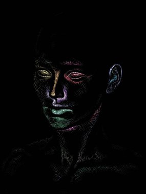 Nokta Hazırlama serisi. Bir insan modelinin 3 boyutlu görüntüleme tekniği noktalama tekniğiyle uygulanır..