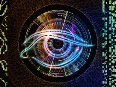 Göz sembolü, soyut teknolojik unsurlar ve bilim ve eğitim konularındaki ışık bileşimi