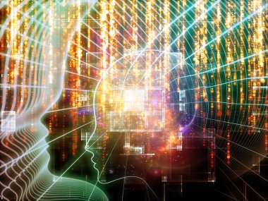 Bilgi Aklı serisi. İnsan silueti ve ışıltılı akarsu çizgileri eğitim, bilim ve modern teknoloji konularında kompozisyon oluşturur.