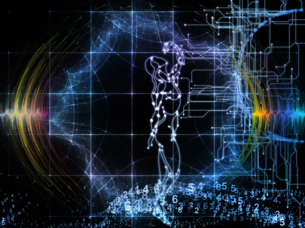 Human figure illustration with radiating waves on the subject of thinking, mind, science and modern technology