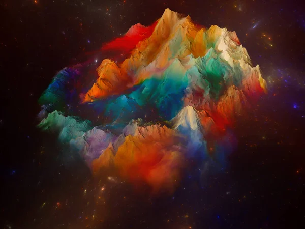 The Land Above. Island in the Sky series. Arrangement of 3D rendering of colorful mountains against fractal space on theme of imagination, space, science fiction and creativity