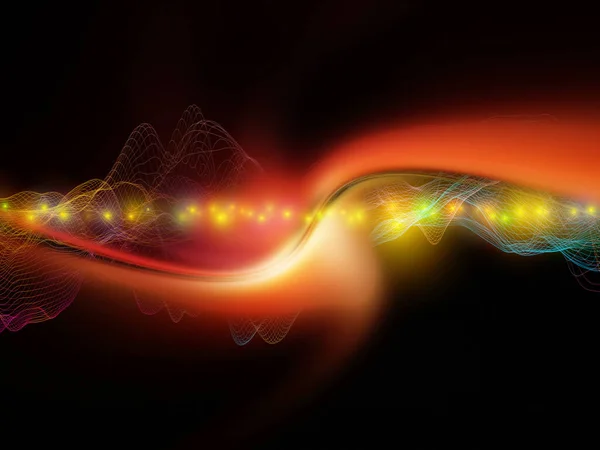 Space Signal. Virtual Wave series. Graphic composition of horizontal sine waves and light particles for subject of data transfer, virtual, artificial, mathematical reality.