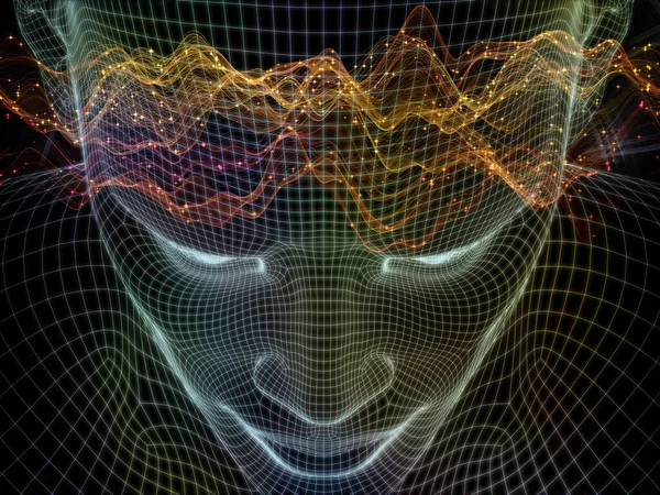 Inner Light. Lucid Mind series. Backdrop composed of 3D rendering of glowing wire mesh human face for projects on artificial intelligence, human consciousness and spiritual AI