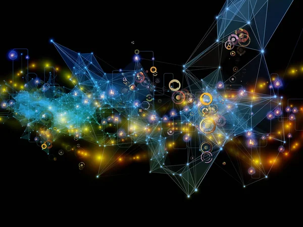 Toekomstige Verbindingsreeks Netwerklijnen Lichten Symbolen Tegen Een Donkere Achtergrond Het — Stockfoto