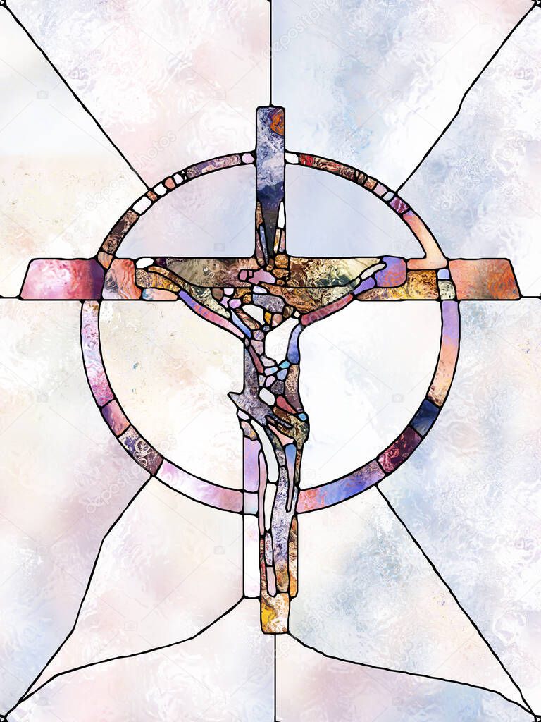 Texture of Belief. Cross of Stained Glass series. Creative arrangement of organic church window color pattern for projects on fragmented unity of Crucifixion of Christ and Nature