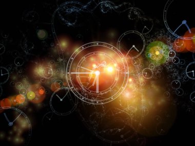 Sanal saatler. Time serisinin yüzleri. Saat kadranlarından ve bilim, eğitim ve modern teknolojilerle ilgili soyut elementlerden oluşan soyut tasarım