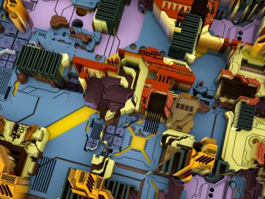 Yer Değiştirme Dünyası serisi. Bilim, modern teknoloji ve eğitim konularında soyut teknolojik örüntünün 3 boyutlu yorumlanması.