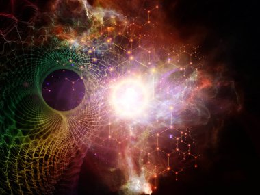 Modern teknoloji, bilim ve sanal gerçeklik üzerine fraktal ışıkların, sanal alanların ve moleküler yapıların 3 boyutlu çizimi