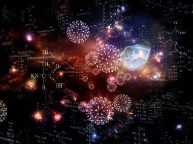 Coronavirus Evreni. Viral Salgın Serisi. Virüs, salgın, enfeksiyon, hastalık ve sağlık konularında çalışmalar için 3 boyutlu Coronavirus parçacıkları ve mikro uzay elementleri