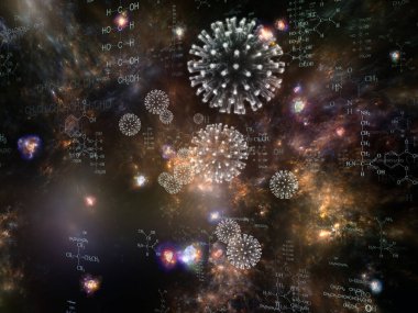 Coronavirus Evreni. Viral Salgın Serisi. Virüs, salgın, enfeksiyon, hastalık ve sağlık konularında çalışmalar için 3 boyutlu Coronavirus parçacıkları ve mikro uzay elementleri