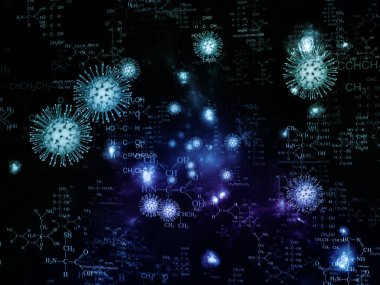 Coronavirus Kimya. Viral Salgın Serisi. Coronavirus parçacıkları ve mikro uzay elementlerinin virüs, salgın, enfeksiyon, hastalık ve sağlık projeleri için uygun 3D Illustration