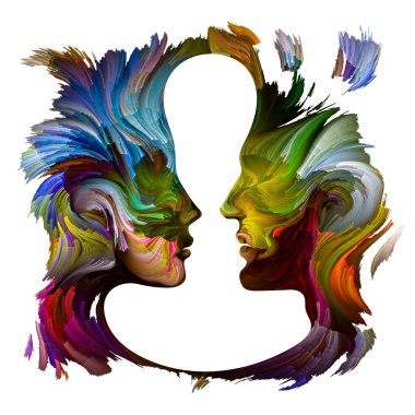 Duygusal Palet serisi. Aramızda mesafe var. Hayal gücü, yaratıcılık ve iç dünya konularında kadın ve erkek siluetlerinin canlı renklerinin soyut tablosu.