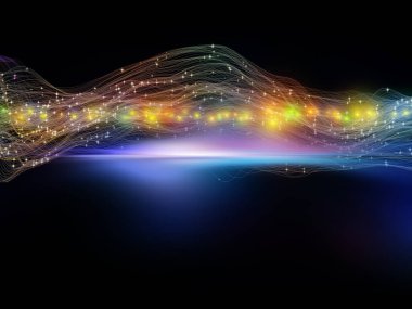 Sanal Evren. Sanal Dalga serisi. Veri transferi, sanal, yapay, matematiksel gerçeklik üzerine çalışmalar için yatay sinüs dalgaları ve ışık parçacıklarının arkaplan tasarımı.