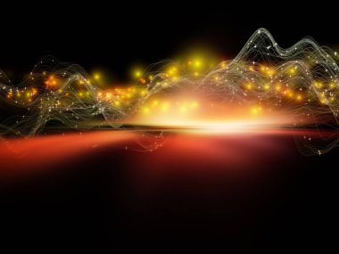 Dijital Dünyalar. Sanal Dalga serisi. Veri transferi, sanal, yapay, matematiksel gerçeklik konularındaki yatay sinüs dalgaları ve ışık parçacıklarının arkaplan bileşimi.