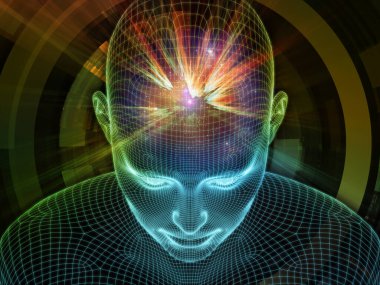 Dijital boşluk. Bilinçli Zihin serisi. Yapay zeka, insan bilinci ve ruhani yapay zekanın metaforu olarak parlayan tel örgü insan yüzünün üç boyutlu bir tasarımı.