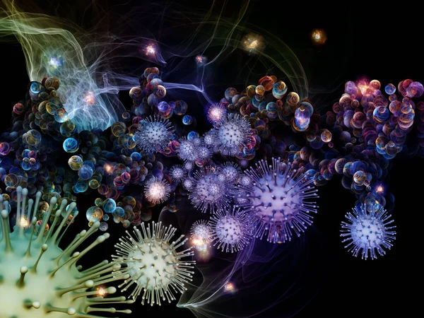 Rendering Interplay Viral Particles Abstract Microscopic Elements Subject Coronavirus Infection — Stock Photo, Image