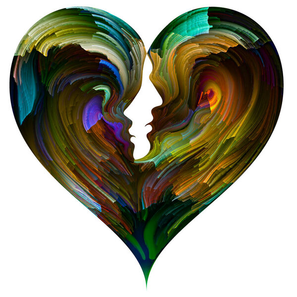 "Soul Mates". Силуэты мужского и женского лица, интегрированные в символ формы сердца с мазками кисти цифровой краски. Иллюстрация на тему любви, романтики, брака и семьи
.