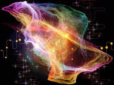 Ağ Tesadüfçülüğü serisi. Modern teknoloji ve bilimsel araştırma konularında organik fraktal geometri, ağ çizgileri ve ışıkların etkileşimi.