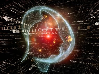 Veri çizgileri, modern teknoloji ve telekomünikasyon konularındaki yapay zekanın soyut temsili ile etkileşim halindedir..