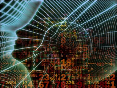 Zihin serisinin doğuşu. Genel yapay zeka ve modern teknoloji üzerine insan kafası siluetleri ve sayı şebekelerinin arka planı.