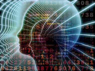 Zihin serisinin doğuşu. Genel yapay zeka ve modern teknoloji üzerine insan kafası siluetleri ve sayı şebekelerinin arka planı.