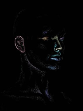 Nokta Hazırlama serisi. Bir insan modelinin 3 boyutlu görüntüleme tekniği noktalama tekniğiyle uygulanır..