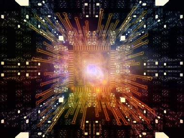 İşlemcinin özeti, fraktal geometri ve bilgisayar bilimi ve teknolojisi konularındaki ışıkların soyut 3D çizimi