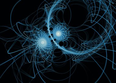 Fraktal patika serisi. Hassas mavi filigran, bilim, tasarım, geometrik görselleştirme, fraktal geometri, kaos teorisi ve sanat konularındaki merkezi bir noktadan dışa doğru genişliyor..