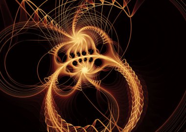 Fraktal patika serisi. Geometrik görselleştirme, fraktal geometri, kaos teorisi, sanat, bilim ve tasarım konularında aydınlatıcı, altın sarısı bir çift sarmalın soyut yorumlanması.