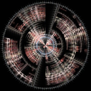 Fraktal Disk serisi. Kaos teorisi, fraktal geometri, sanat, bilim, tasarım ve fraktal alev görselleştirme konularındaki karmaşık geometrik çizgilerin grafiği.