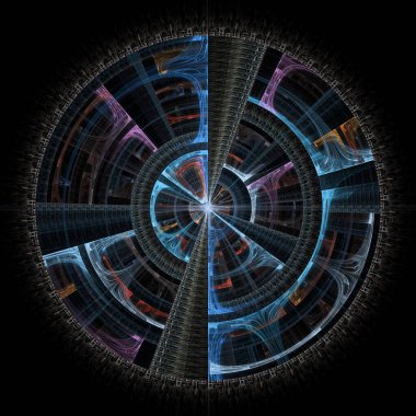 Radyal simetri serisi. Radyal geometri, görselleştirme, matematik, bilim ve fraktal tasarım üzerine canlı dairesel bir mandala tasviri.